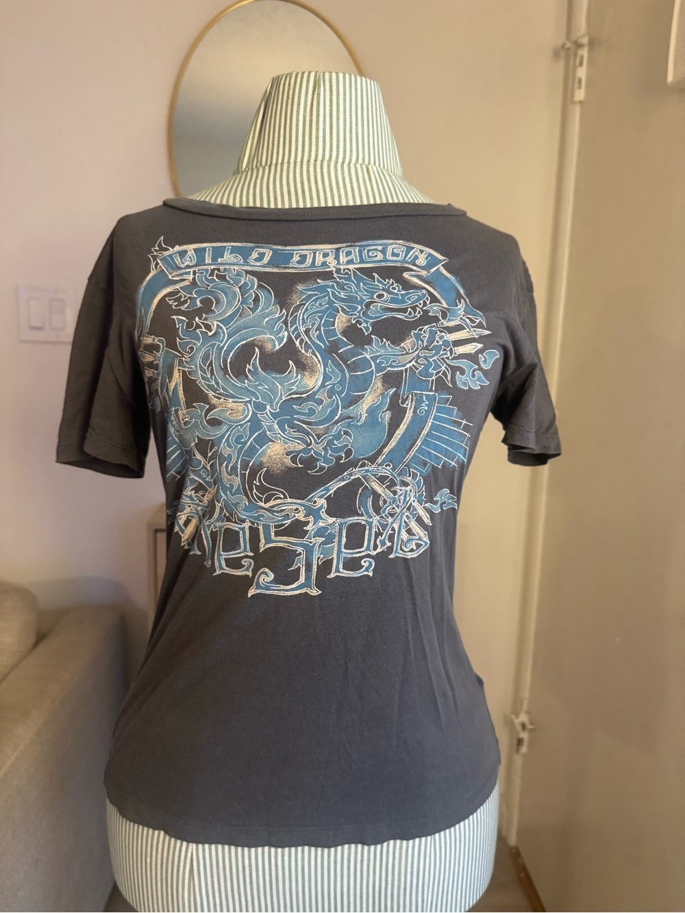 Diesel Y2K Dragon Graphic T-Shirt Gray Blue Size M
